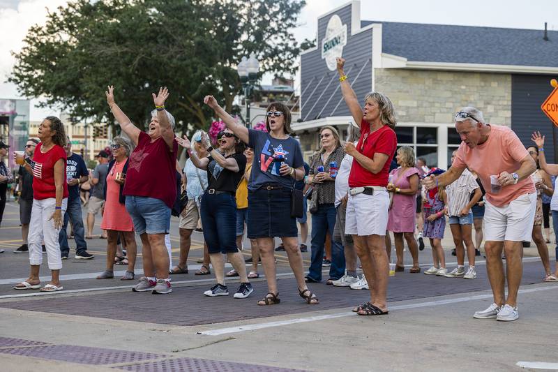 Fans celebrate the music of Out of Storage Thursday, July 3, 2025, at the G&M Kona Reagan Stage at Petunia Fest in Dixon.