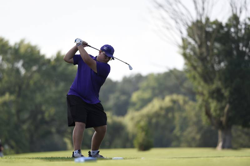 Manteno's Carson Russert tees off at Minne Monesse Golf Club on Friday, August 15, 2025.