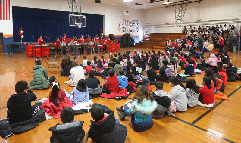 Members of the Northern Illinois University Steelband performs for students on Friday, Feb. 14, 2025 at DePue School. The band was created in 1973. The NUU Steelband band brings versatility and profundity of the steelpan, the national instrument of Trinidad and Tobago. Most of the students in the band are from Trinidad and Tobago, Belize Antigua and Barbuda. The NIU Steelband is the first active steelband formed at an American university. NIU is also one of the few institutions in the world at which students may pursue undergraduate and graduate music degrees with the steelpan as the major instrument of choice. Funding for the NIU Steelband visit to DePue was provided in part by the Starved Rock Country Community Foundation, Illinois Arts Counci and National Endowment for the Arts.