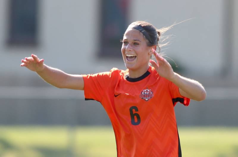 Crystal Lake Central’s Ella Bechler is all smiles after scoring against Hononegah in IHSA Class 2A Sectional Semifinal girls soccer on Monday, May 25, 2026 at Crystal Lake Central High School in Crystal Lake.