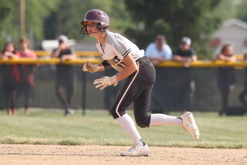 Lockport’s Addison Foster leads off second base against Marist in the Class 4A Marist Supersectional on Monday, June 5, 2023 in Chicago.