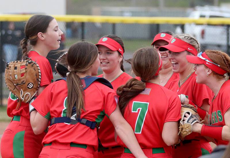 Members of the L-P softball team react after making a final double play to defeat Rochelle on Wednesday, April 10, 2024 at the L-P Athletic Complex in La Salle.