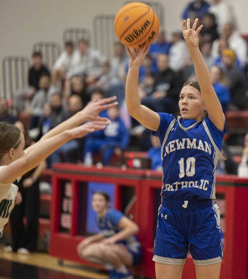 Newman’s Elaina Allen puts up a shot against River Ridge Thursday, Feb. 20, 2025, during the Class 1A girls basketball regional at Forreston.