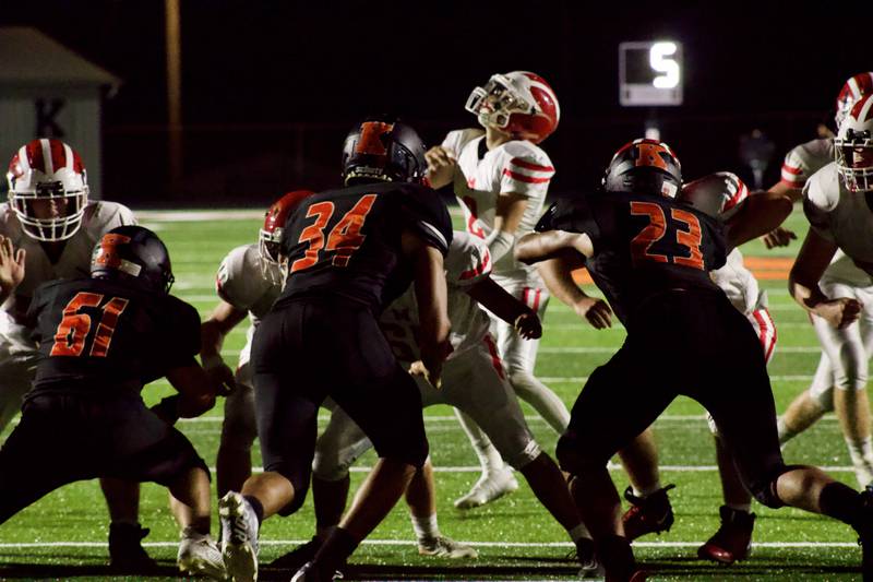 Morrison quarterback Danny Mouw looks up as the ball is hiked over his head on a point-after try in an attempt to tie the score with a little more than three minutes left in the fourth quarter. Morrison recovered the ball but could not convert. Kewanee held on for the 16-14 victory.