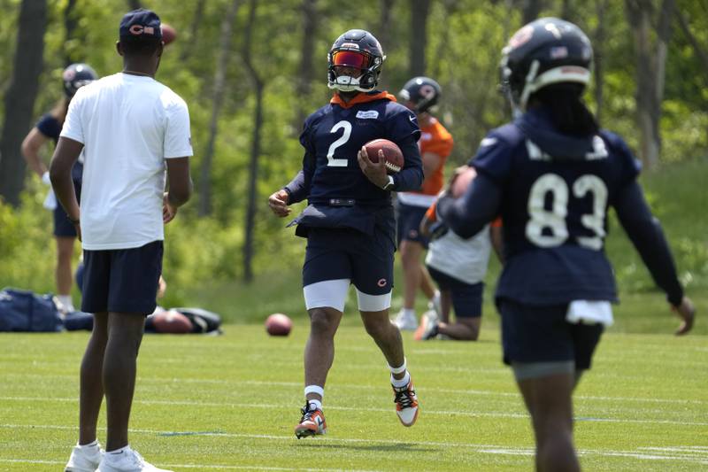Chicago Bears wide receiver DJ Moore works on the field during OTAs on Tuesday, May 23, 2023, in Lake Forest.