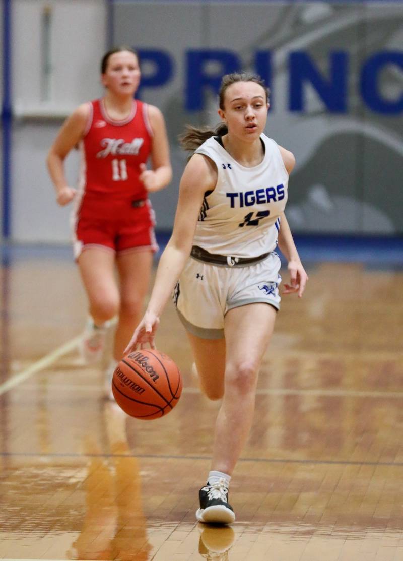 Princeton's Jordyn Vandeventer brings the ball upcourt against Hall Thursday night at Prouty Gym. The Tigresses won 57-38.