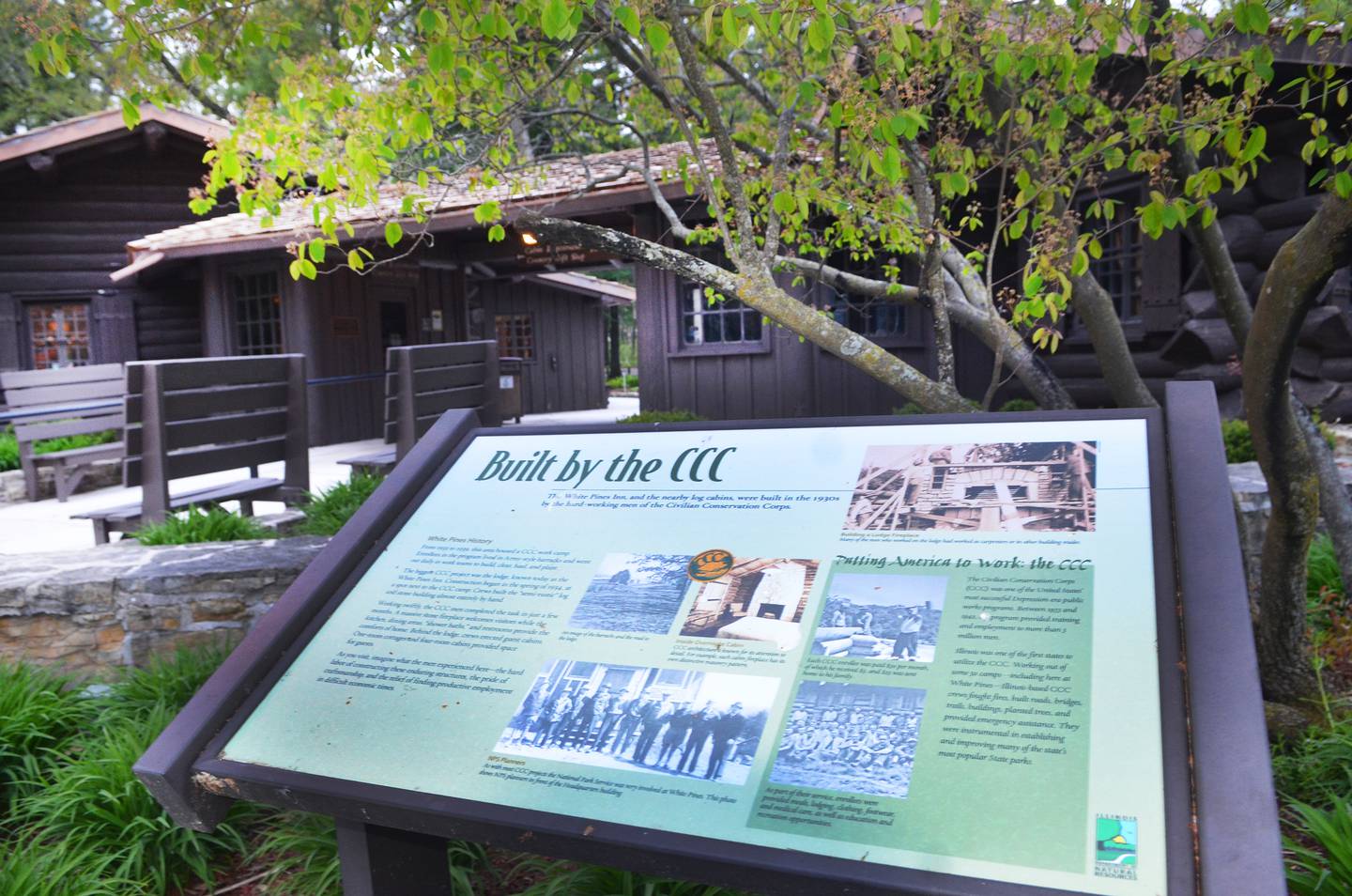 The historic lodge located inside White Pines State Park was constructed in the 1930s by the Civilian Conservation Corps.