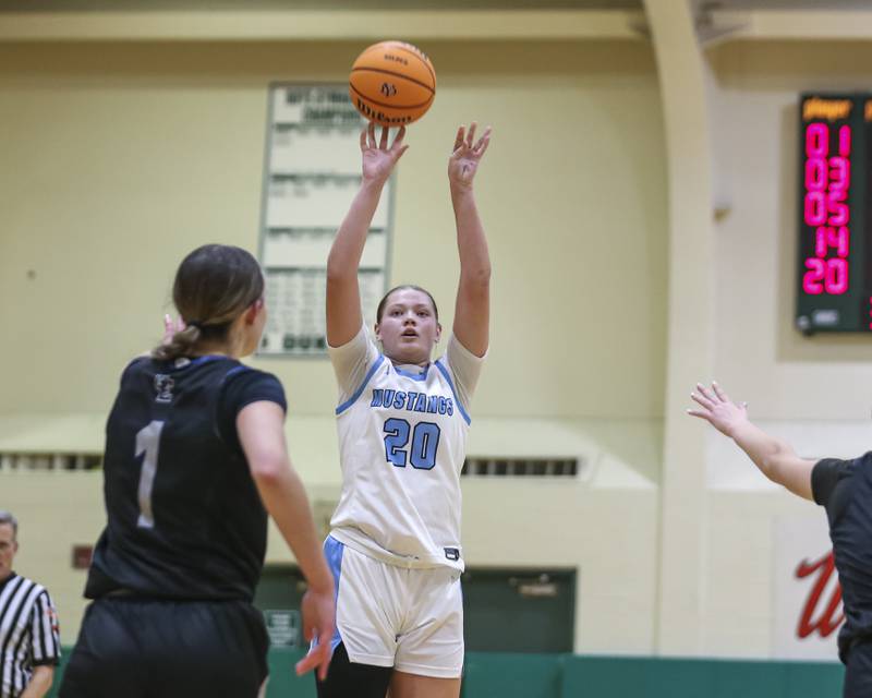 Downers Grove South's Megan Ganschow (20) shoots a jumper during their York Thanksgiving Tournament matchup between Oswego East at Downers Grove South Friday, Nov 20, 2025 in Elmhurst.