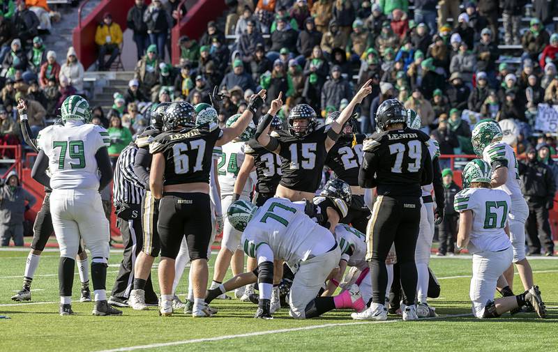 Lena-Winslow celebrates a fumble recovery Friday, Nov. 28, 2025, in the Class 1A football finals at Hancock Stadium at ISU.