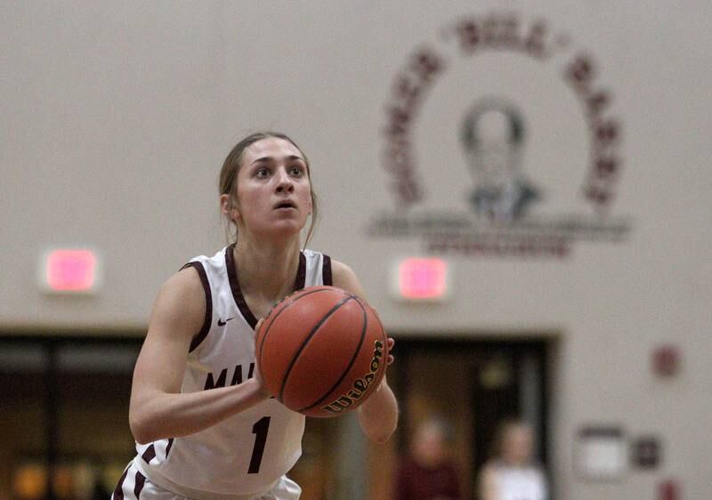 Marengo’s Emily Kirchhoff takes a free throw against Woodstock North in varsity girls basketball at Marengo Tuesday evening.