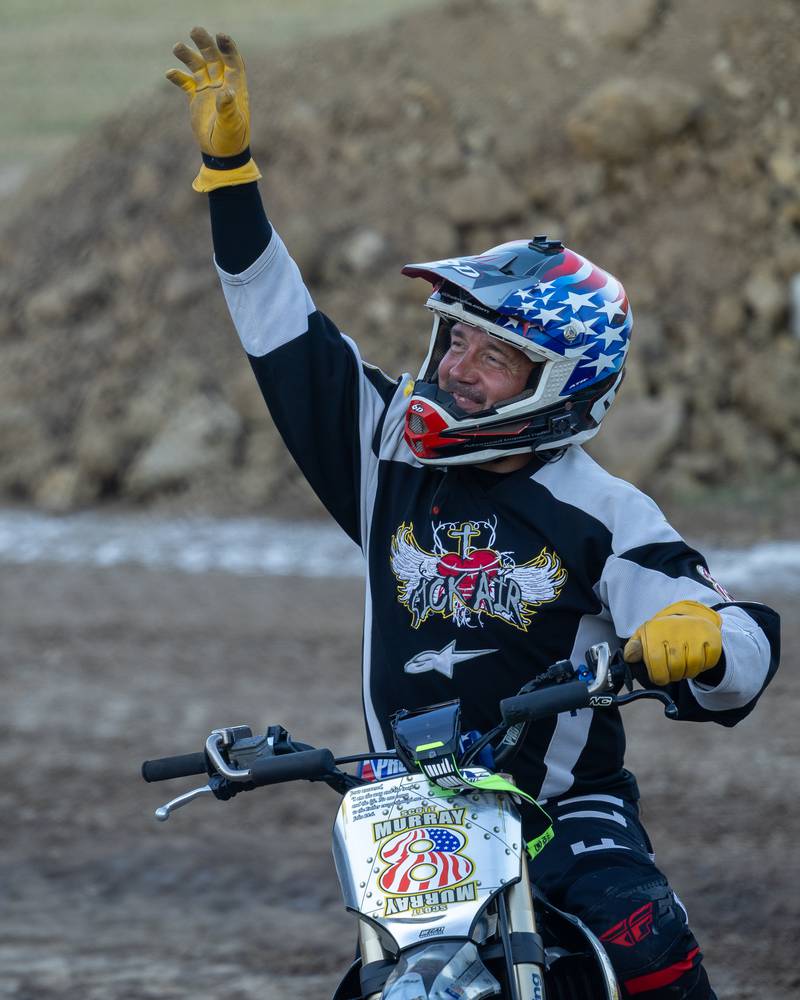 FMX rider, Scott Murray waves to crowd before performance at the Monster Truck Bash show on Saturday, Sept. 13, 2025 at the La Salle Speedway in La Salle.