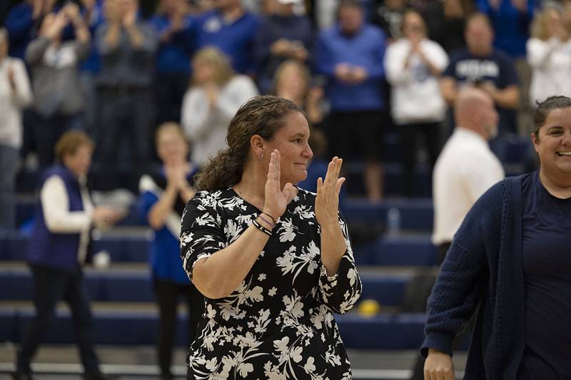 St. Francis head coach Lisa Ston celebrates the 3A supersectional win after the Spartans defeated Metamora Friday, Nov. 4, 2022 in Sterling.
