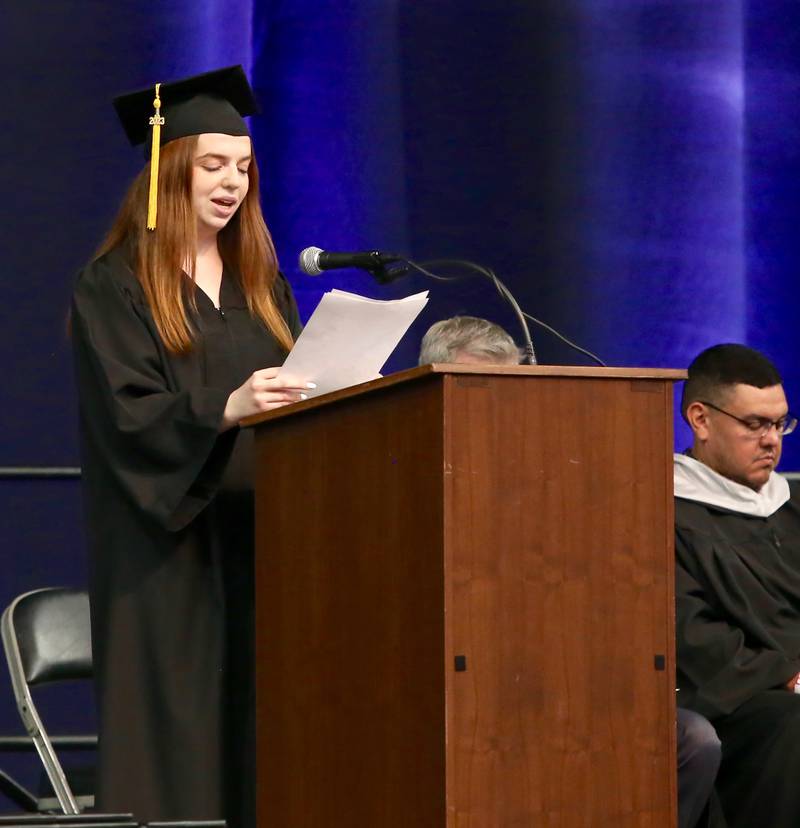 Class President Abbey Mondi speaks at the Kaneland High School Class of 2023 Graduation Ceremony on Sunday, May 21, 2023 in DeKalb.