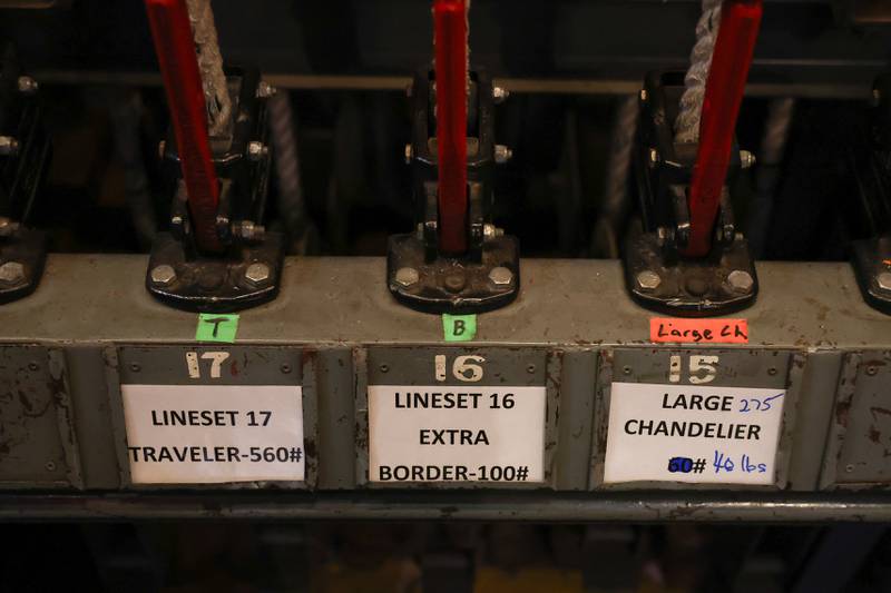 Labels mark the different functions for the ropes back stage at the Rialto Theater’s 100th anniversary celebration on Sunday, May 3, 2026 in Joliet.