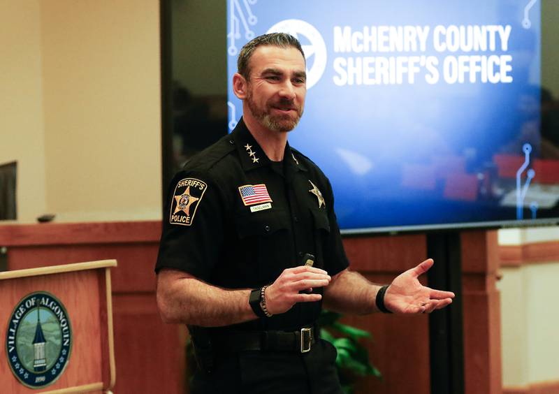 McHenry County Sheriff Robb Tadelman speaks Wednesday, Dec. 7, 2022, to a class in the Ted Spella Leadership School at the Algonquin Village Hall, 2200 Harnish Drive, in Algonquin.