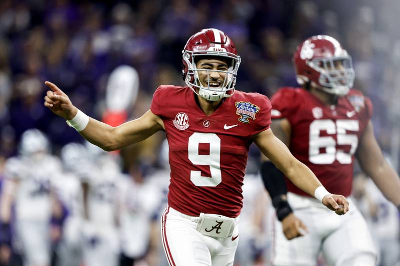 Alabama quarterback Bryce Young celebrates after throwing a touchdown pass during the second half of the Sugar Bowl against Kansas State, Saturday, Dec. 31, 2022, in New Orleans.