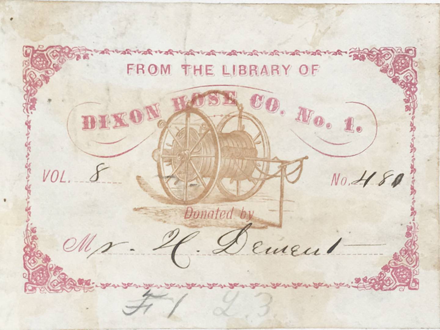 The following is a book plate from Dixon's first public library, established 150 years ago.