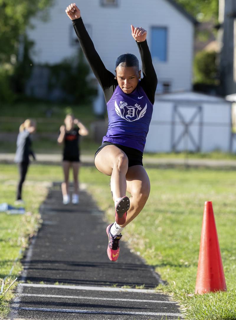 Dixon’s Mari Fruscalzo competes in the long jump finals Thursday, May 8, 2025, during the girls Big Northern Conference track meet.