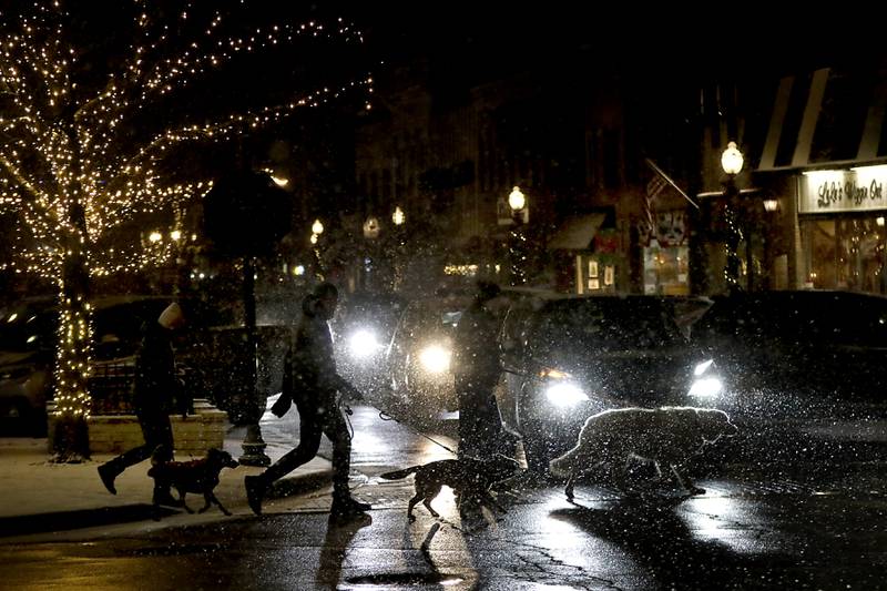 People walk their dogs during Crystal Lake's Luminary Nights on Thursday, Dec. 19, 2024, in downtown Crystal Lake. The snowy night featured sidewalks lite luminaries, holiday shopping and a visit to the Santa House.