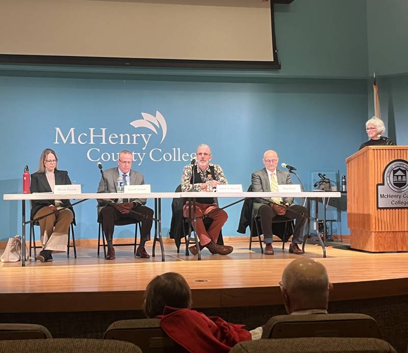 District 155 candidates (from left to right) Nicole Pavoris, David Jenkins, Walter Moist and Ryan Olson participated in the candidate forum hosted by the League of Women Voters of McHenry County Thursday at McHenry County College.