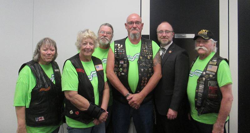 Pictured are Open Roads ABATE members with Illinois House of Representative from the 75th District Jed Davis – (from left) Linda Oleson, Patti & Kevin Smith, Sam Mataya, 75th District Representative Jed Davis and Cliff Oleson.
