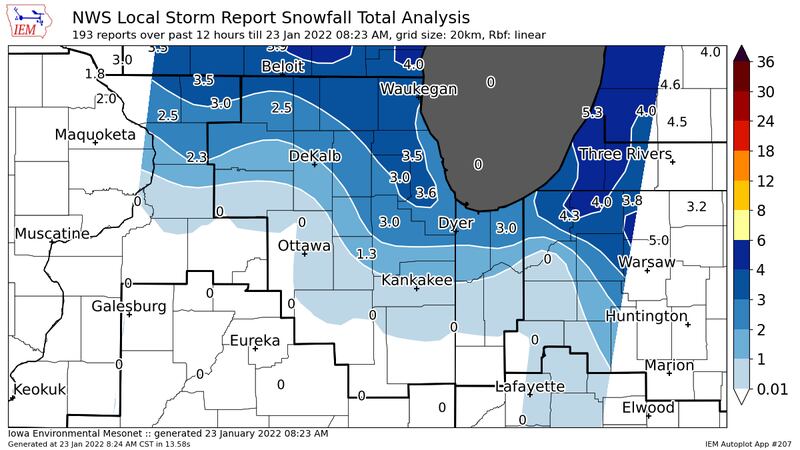 National Weather Service map shows snowfall totals from the snowstorm that began late Saturday night and continued into Sunday morning, Jan. 23, 2022.