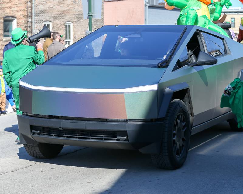 A cybertruck is driven in the Lemont St. Pat's Day Parade on Saturday, March 8, 2025  in Lemont.