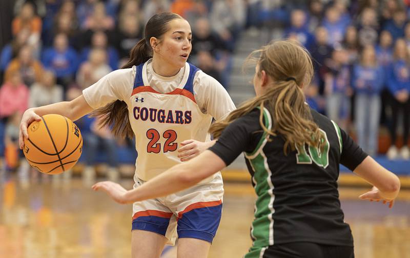 Eastland’s Sienna Peterson looks to make a play against Wethersfield Tuesday, Feb. 24, 2026, in the Class 1A sectional at Eastland High School.