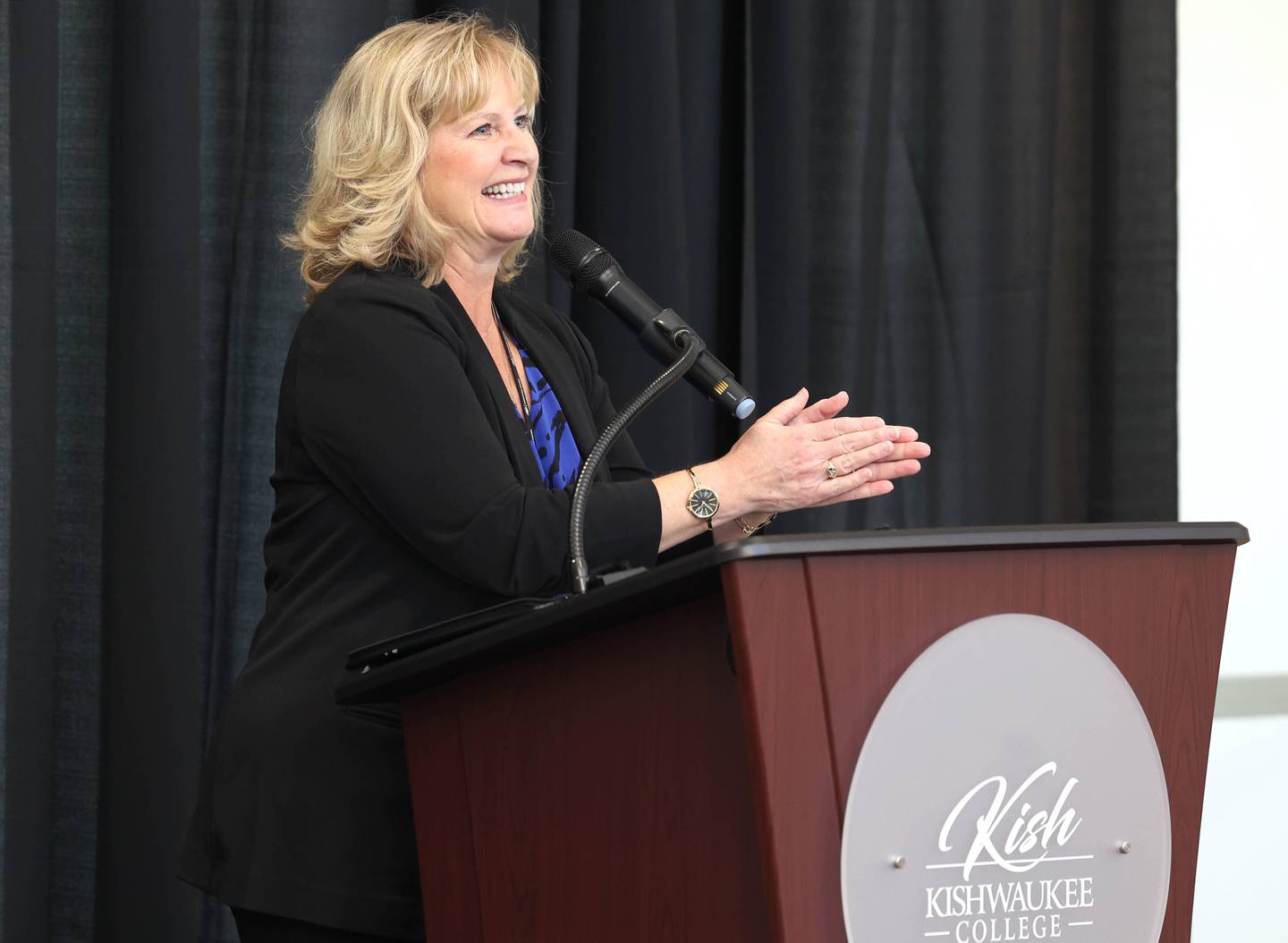 Laurie Borowicz, Kishwaukee College president, recognizes the veterans in attendance at the 2023 Veterans Day Ceremony Thursday, Nov. 9, 2023, at Kishwaukee College in Malta.