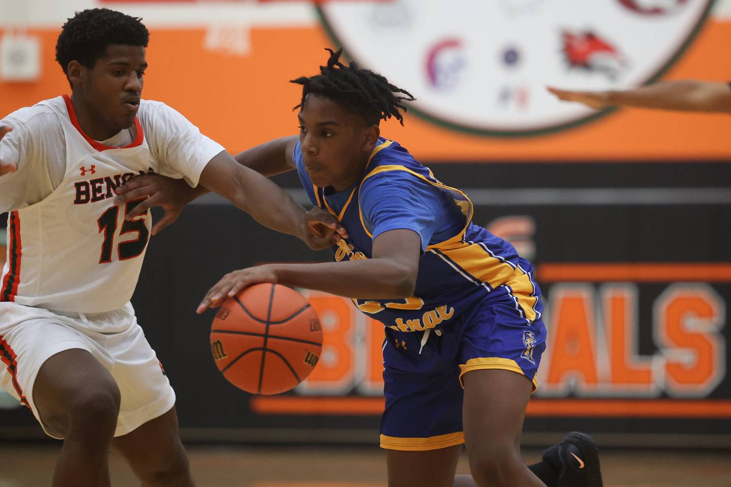 Joliet Central’s Danny Thompson makes a move to the basket against Plainfield East.