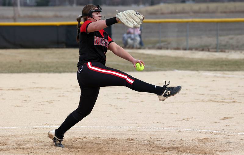 Indian Creek’s Avery Boehne delivers a pitch during their game against Genoa-Kingston Tuesday, March 18, 2025, at Indian Creek High School in Shabbona.