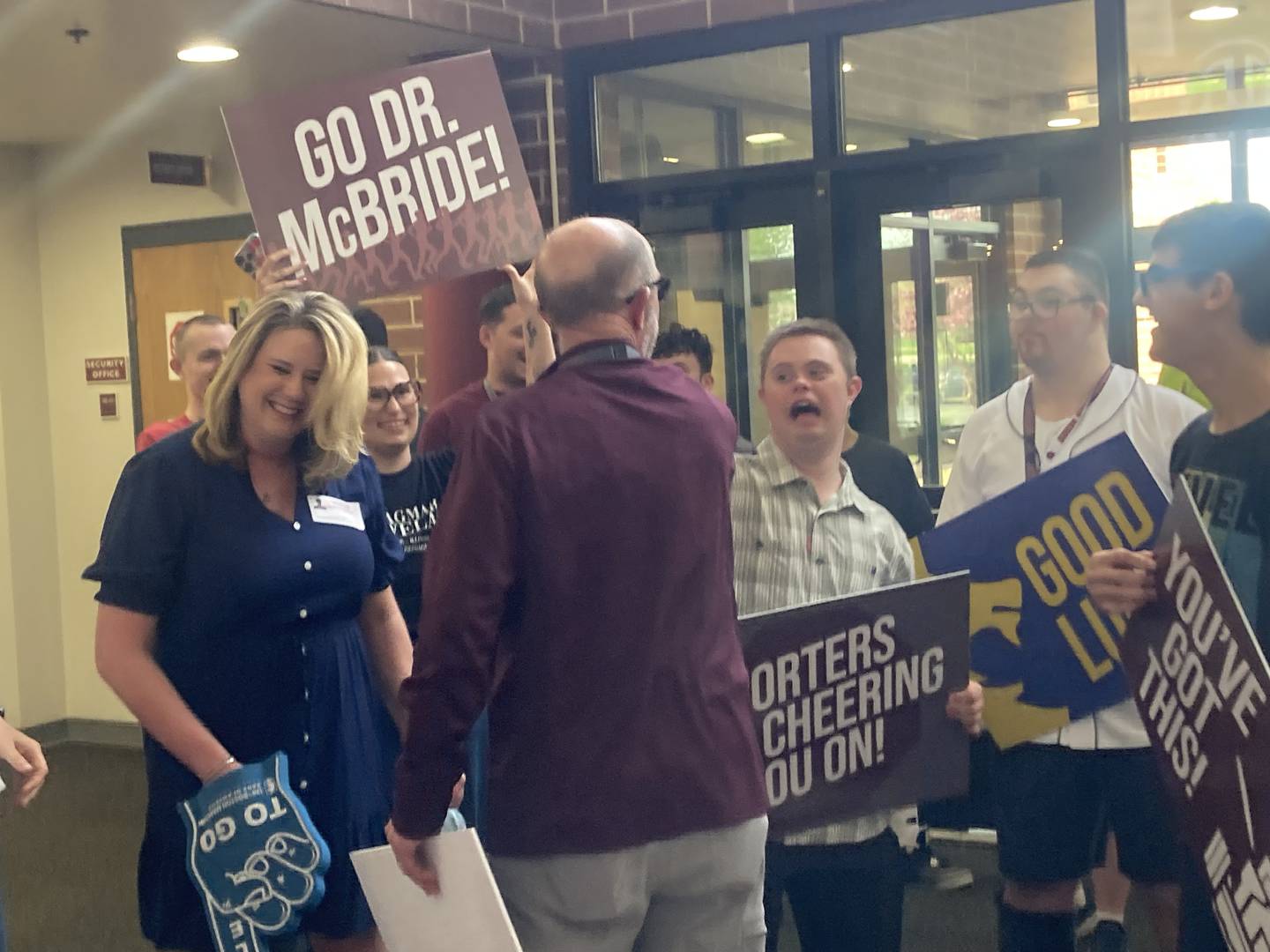 LTHS Superintendent Dr. Robert McBride greets students after walking into his surprise Boston Marathon send-off on Friday, April 17, 2026.