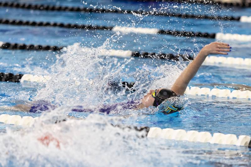 Lyons’s Claire Crimmins competes in the 200 Yard Medley Relay during the IHSA Girls State Swimming Preliminaries at FMC Natatorium in Westmont on Nov. 14, 2025.