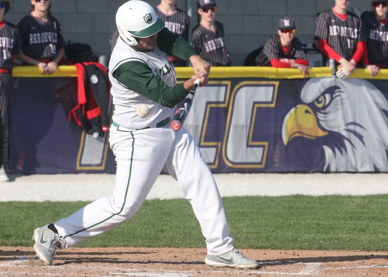 St. Bede's Alan Spencer strikes out swinging on Monday, March 31, 2025 at Schweickert Stadium in Peru.