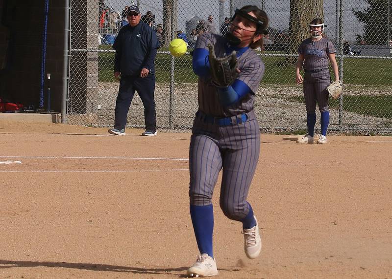 Princeton's Sylvie Rutledge causes an error against Bureau Valley on Thursday, April 25, 2024 at Bureau Valley High School.