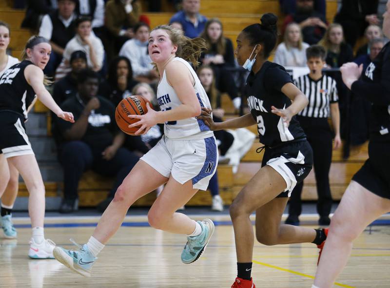 Nazareth's Amalia Dray drives to the basket during the girls IHSA 3A Supersectional basketball game between Nazareth Academy and Fenwick High School on Monday, February 28, 2022 at De La Salle High School in Chicago.