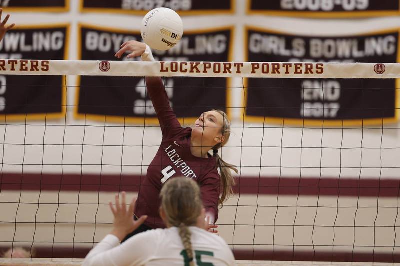Lockport’s Grace Juergens takes a shot against Plainfield Central. Tuesday, Sept. 13, 2022, in Lockport.