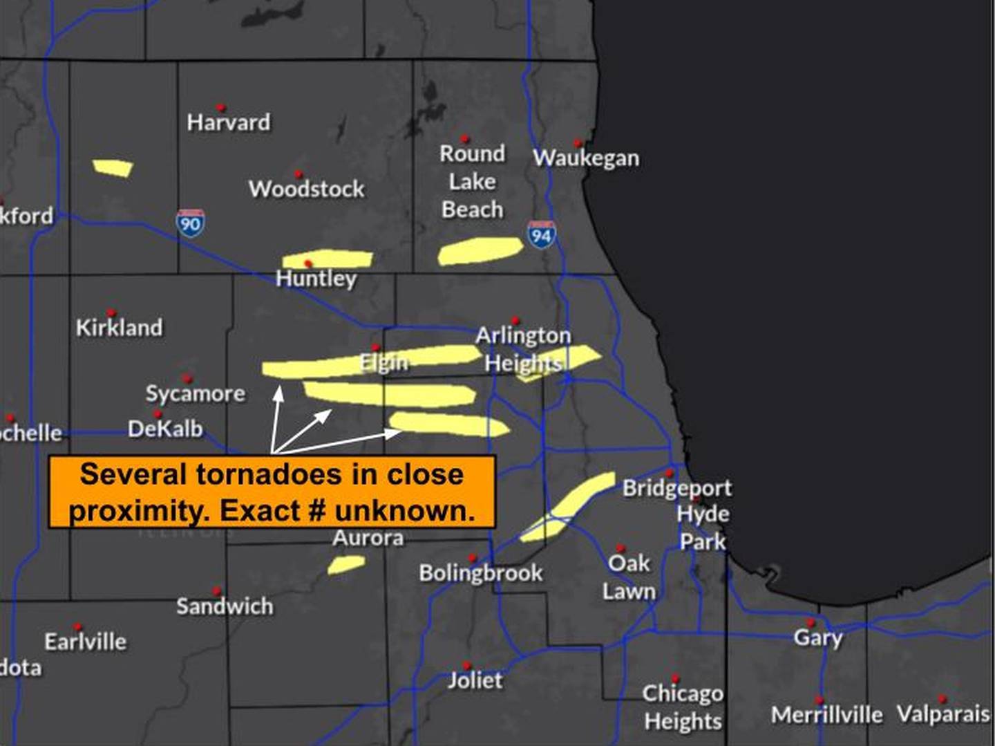 The National Weather Service released a map about 3 a.m. Thursday, July 13, 2023, showing where tornadoes may have caused damage Wednesday evening.