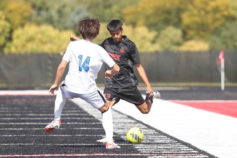 Bolingbrook’s Diego Campos takes a deep shot against Lincoln-Way East on Saturday, Sept. 30, 2023 in Bolingbrook.