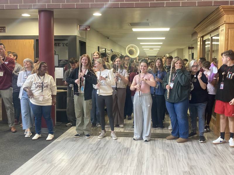 The LTHS Pep Band prepares to perform at Dr. Robert McBride's surprise send-off event on Friday, April 17, 2026.