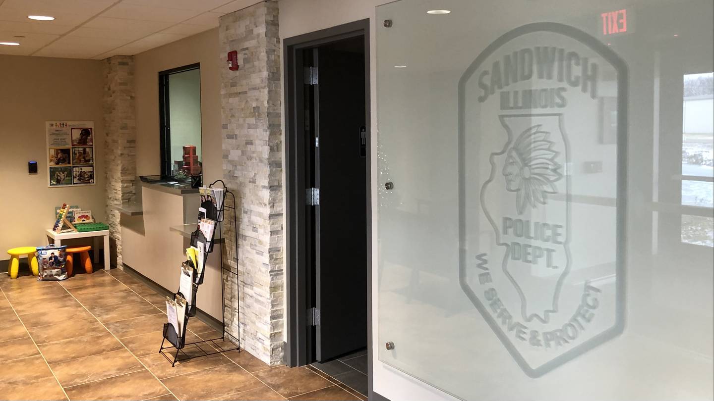The lobby at the new Sandwich police station at 1251 E. Sixth St. has a waiting area with seating and restrooms, and is equipped with ballistic proof reinforcement.