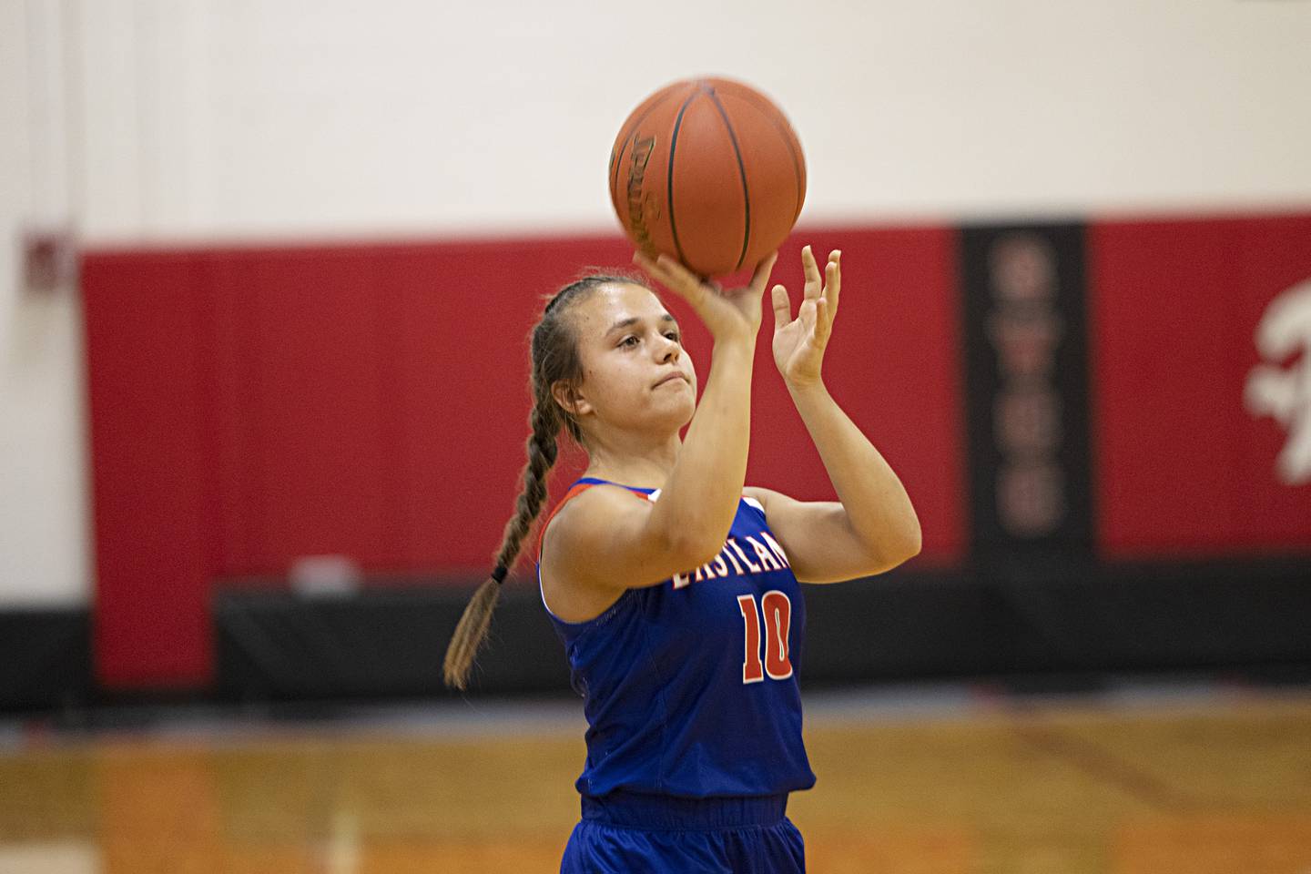 Eastland’s Paige Joiner puts up a shot in the three point contest Thursday, June 15, 2023 during the Sauk Valley Media All-Star Basketball Classic at Sauk Valley College.