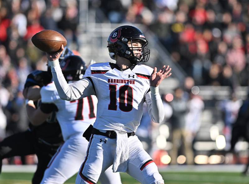 Barrington's quarterback Nick Peipert throws a pass during the IHSA class 8A semifinals playoff game against Lincoln-Way East on Saturday, Nov. 18, 2023, at Frankfort. (Dean Reid for Shaw Local News Network)