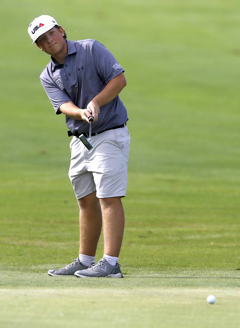 Cary-Grove’s Jack Matras putts from the fringe on the seventh green during the IHSA Class 2A Crystal Lake South Boys Golf Regional on Wednesday, Oct. 1, 2025 at RedTail Golf Club in Lakewood.