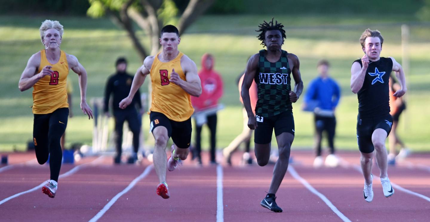 Batavia’s Nathan Whitwell, second from left, wins the 100-meter dash during the Class 3A Lake Park boys track and field sectional on Friday, May 23, 2025 in Roselle.