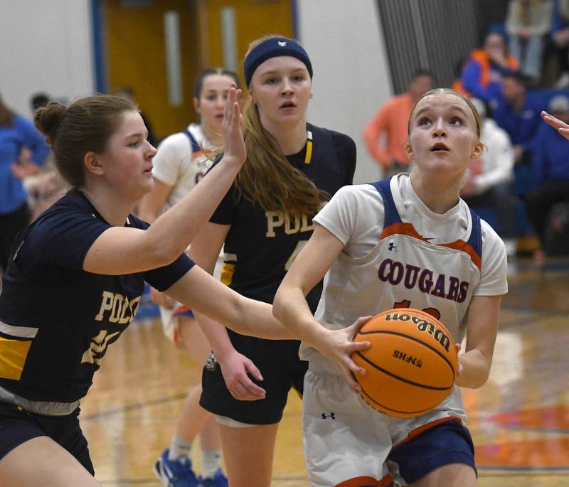 Eastland's Celeste Lower (12) drives the lane and gets ready to shoot against Polo  on Tuesday, Feb. 10, 2026 at Eastland High School in Lanark.