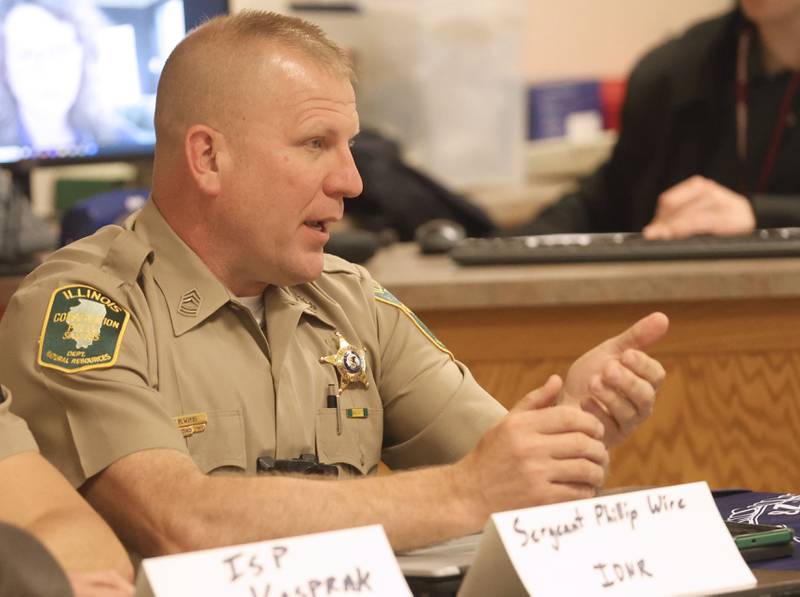 Illinois Conservation Police Sergeant Phil Wire speaks during the Starved Rock Safety Update meeting on Monday, May 11, 2026 at the Utica Fire Station. The meeting serves as an opportunity to discuss safety, visitor experience, and general updates related to the park.