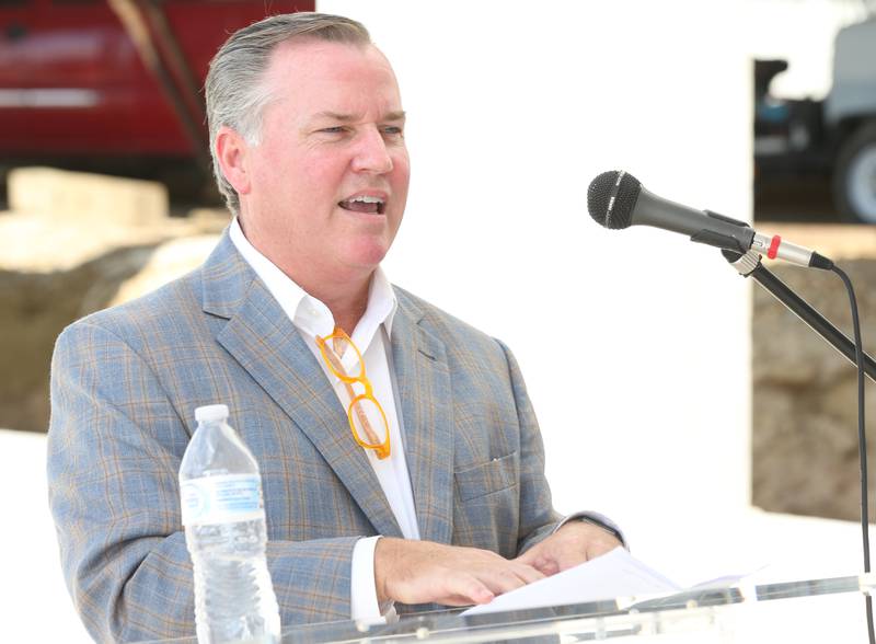 Brian Devlin Director Of Business Development with ARCO Design/Build Industrial delivers a speech during a construction milestone at the new Ollie's distribution center on Tuesday, Sept. 26, 2023 in Princeton.