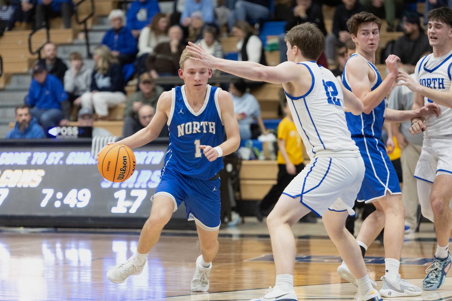 Wheaton North's Henry Schlickman drives to the basket against St. Charles North on Thursday, Jan. 29,2026 in St. Charles.