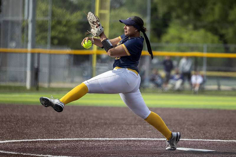 Sterling’s Lily Martinez winds up for the pitch against Lasalle-Peru Tuesday, May 19, 2026, at the Class 3A softball regionals at Sterling.